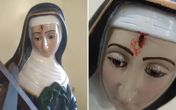 Mancha misteriosa em imagem de santa intriga fiéis em Goiás